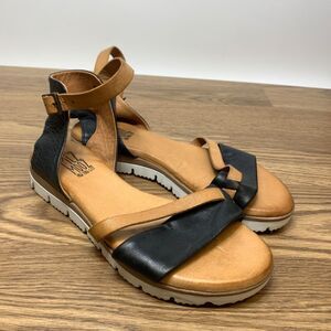 Miz Mooz Women's Shep Leather Sandal Size 38 Flat Ankle Strap Tan Black Casual